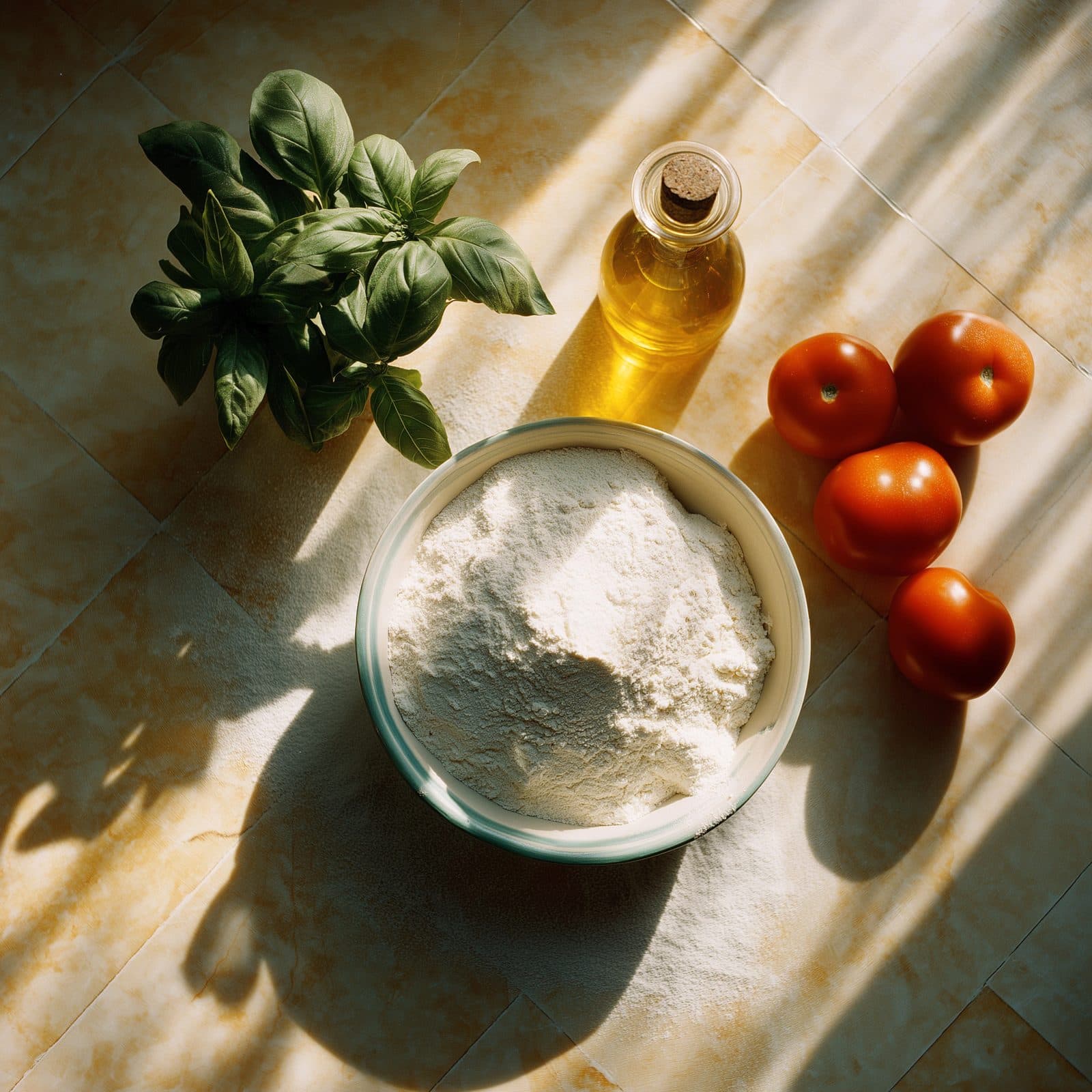 Farine, basilic, huile d'olive et tomates