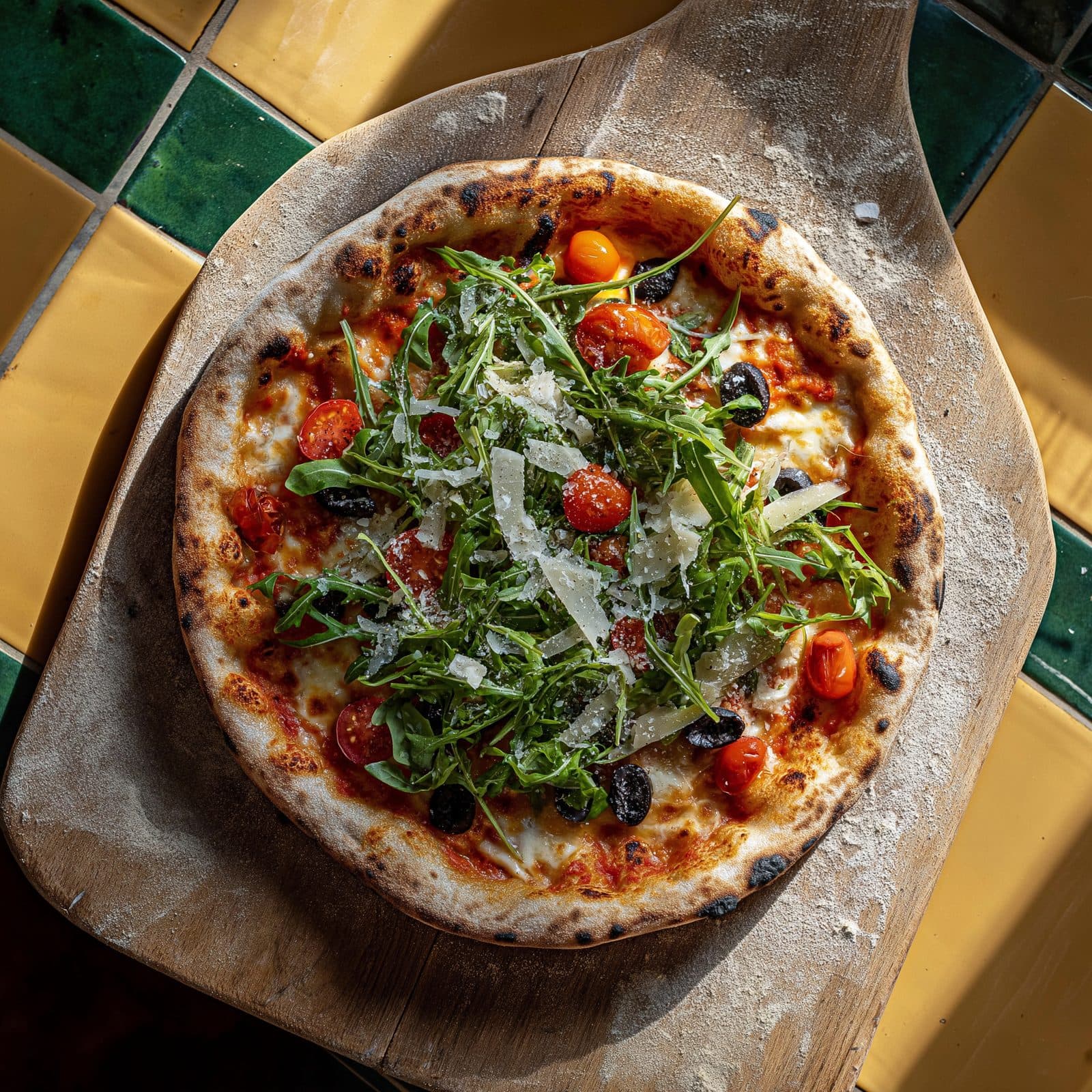 Pizza Rucola : roquette, tomates fraîches, grana padano et olives sur pâte fine